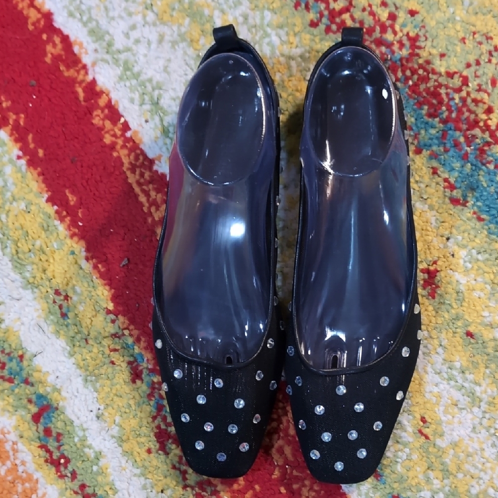 Open Edit Black Mesh Studded Ballet Flats Women’s 8.5 Sheer Rhinestone Flats